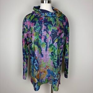 Claire Desjardins Cowl Neck Sweater Pullover Top Size L Artsy Floral Blue Pink